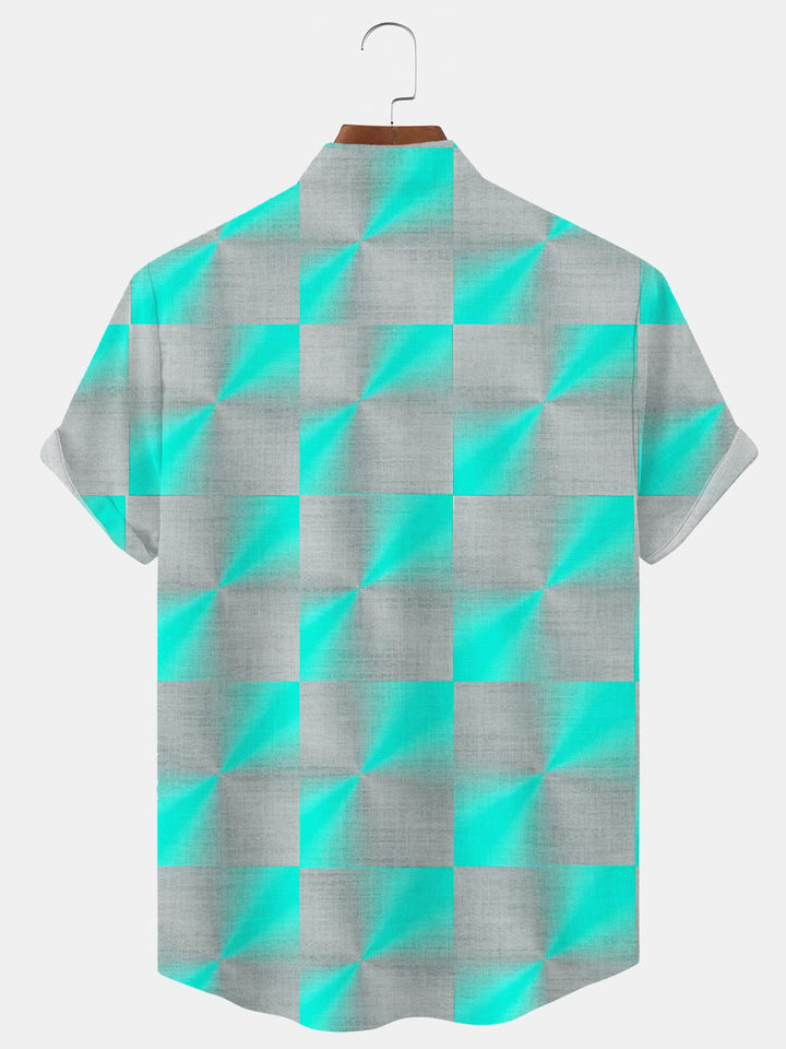 Alohadaddy Geometric Contrast Button Pocket Casual Short Sleeve Stand Collar Shirt