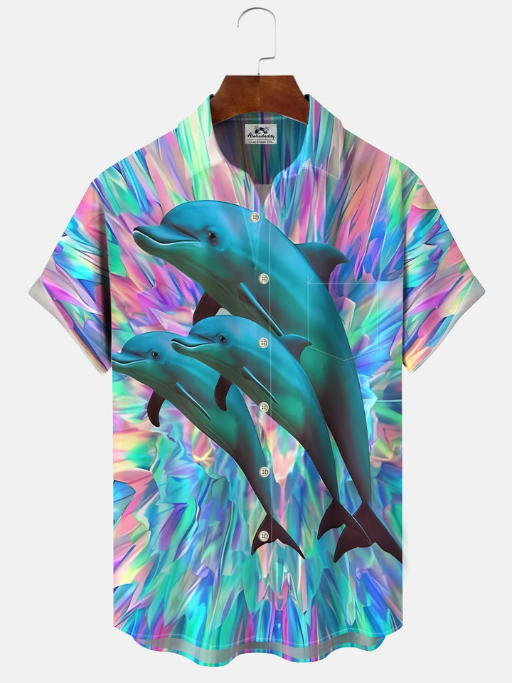 Alohadaddy Ocean Dolphin Button Pocket Casual Short Sleeve Shirt