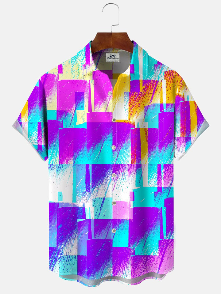Alohadaddy Geometric Pattern Button Pocket Casual Short Sleeve Shirt
