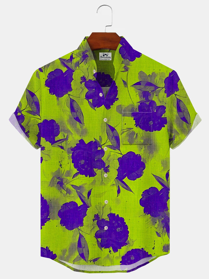 Alohadaddy Plant Flower Button Pocket Casual Short Sleeve Stand Collar Shirt