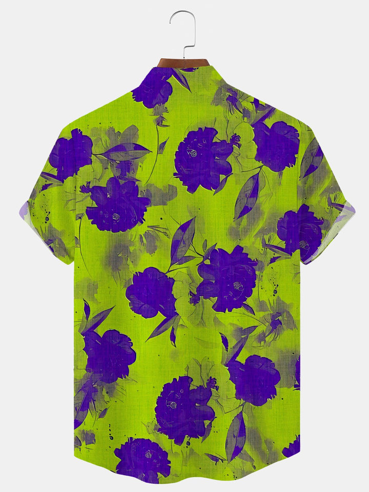 Alohadaddy Plant Flower Button Pocket Casual Short Sleeve Stand Collar Shirt