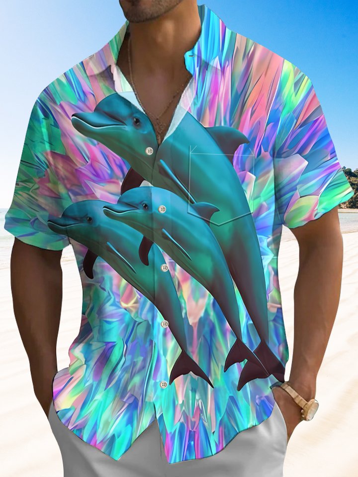 Alohadaddy Ocean Dolphin Button Pocket Casual Short Sleeve Shirt
