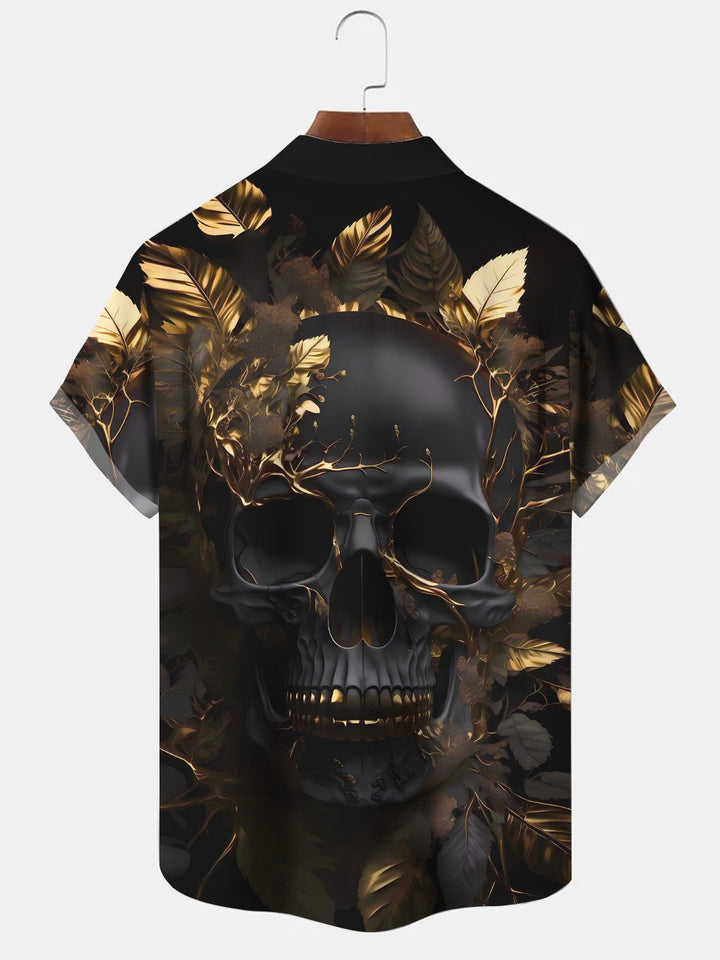 Alohadaddy Skull Leaf Button Pocket Casual Short Sleeve Shirt