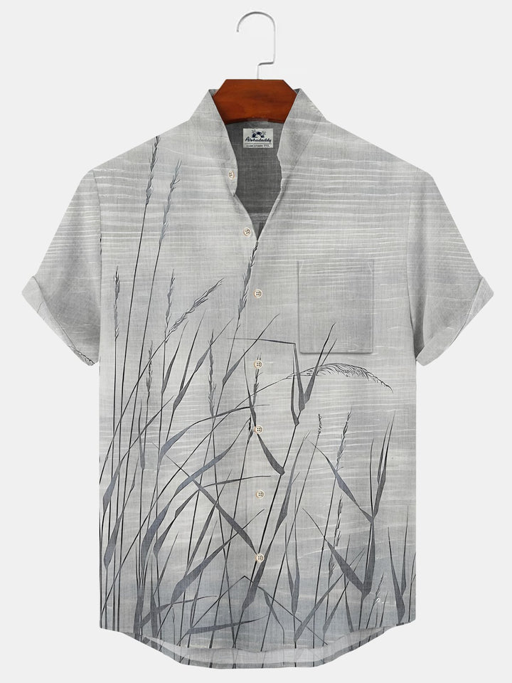 Alohadaddy Plant Button Pocket Casual Short Sleeve Stand Collar Shirt