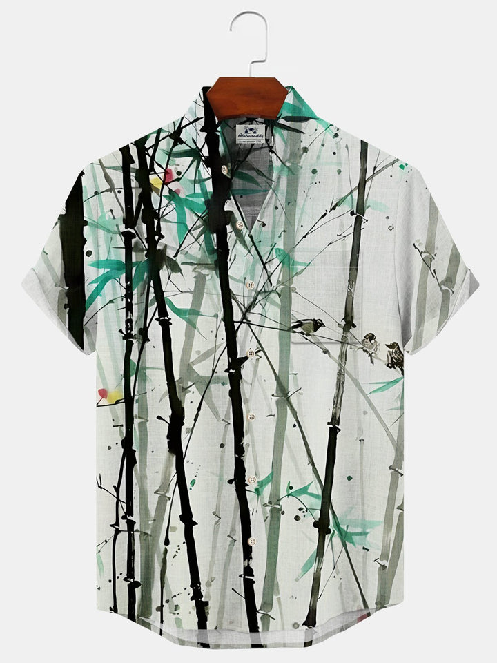 Alohadaddy Plant Bamboo Button Pocket Casual Short Sleeve Stand Collar Shirt