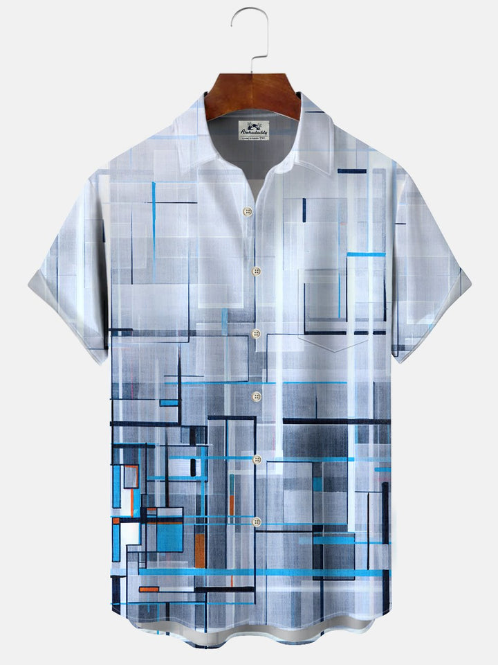 Alohadaddy Geometric Lines Buttons Pockets Casual Short Sleeve Shirt