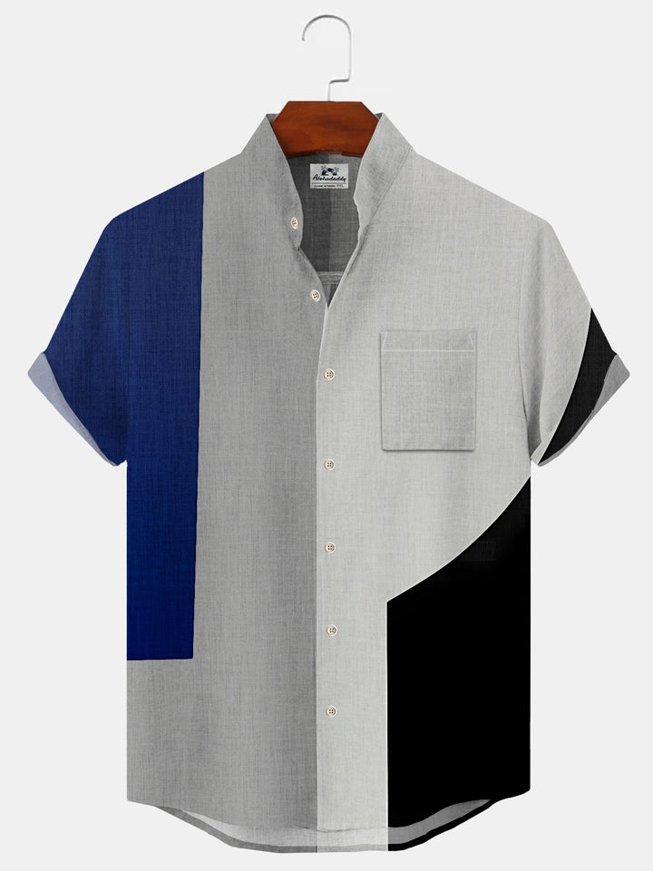 Alohadaddy Geometric Stitching Contrast Color Buttons Pockets Casual Short Sleeves Stand Collar Shirt