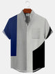 Alohadaddy Geometric Stitching Contrast Color Buttons Pockets Casual Short Sleeves Stand Collar Shirt