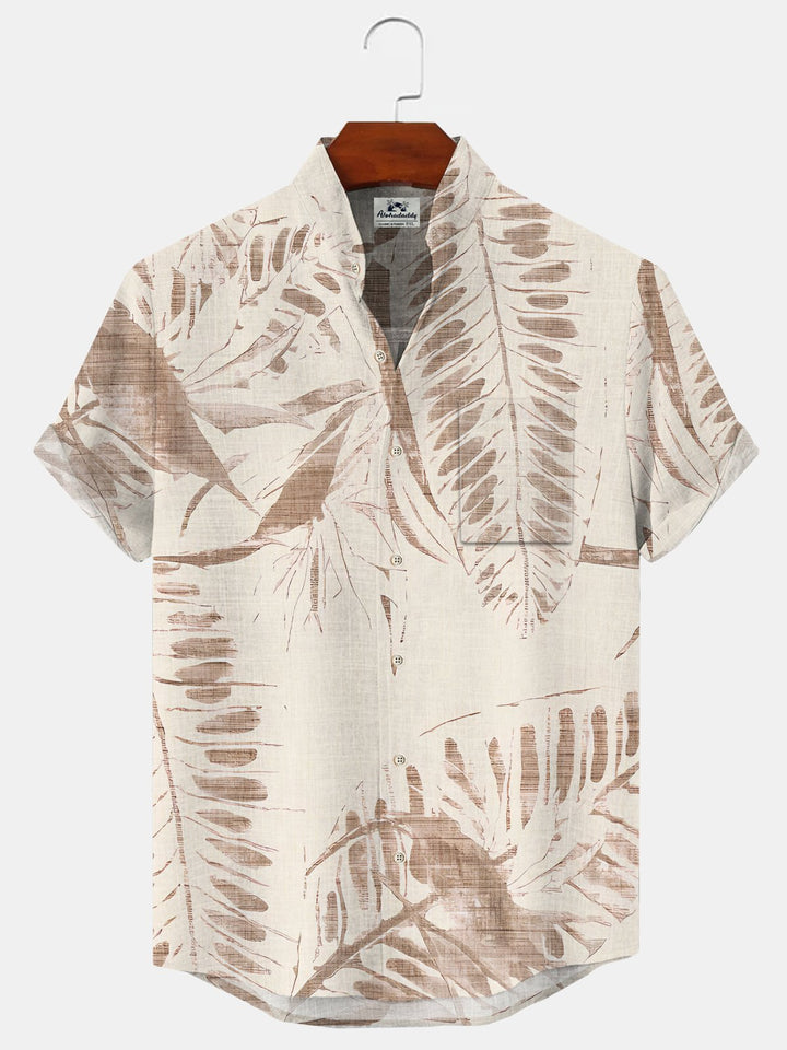 Alohadaddy Plant Leaves Buttons Pockets Casual Short Sleeve Stand Collar Shirt