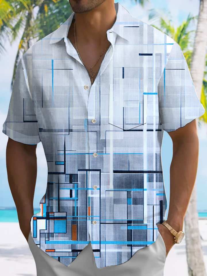 Alohadaddy Geometric Lines Buttons Pockets Casual Short Sleeve Shirt