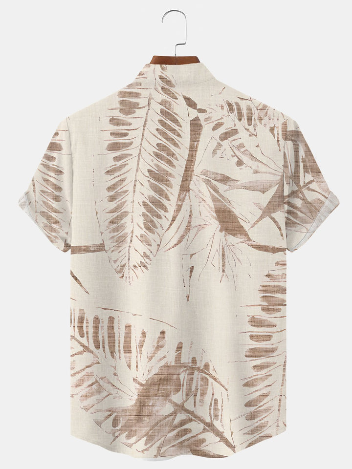 Alohadaddy Plant Leaves Buttons Pockets Casual Short Sleeve Stand Collar Shirt