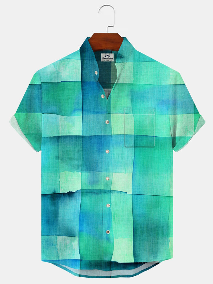 Alohadaddy Geometric Pattern Button Pocket Casual Short Sleeve Stand Collar Shirt