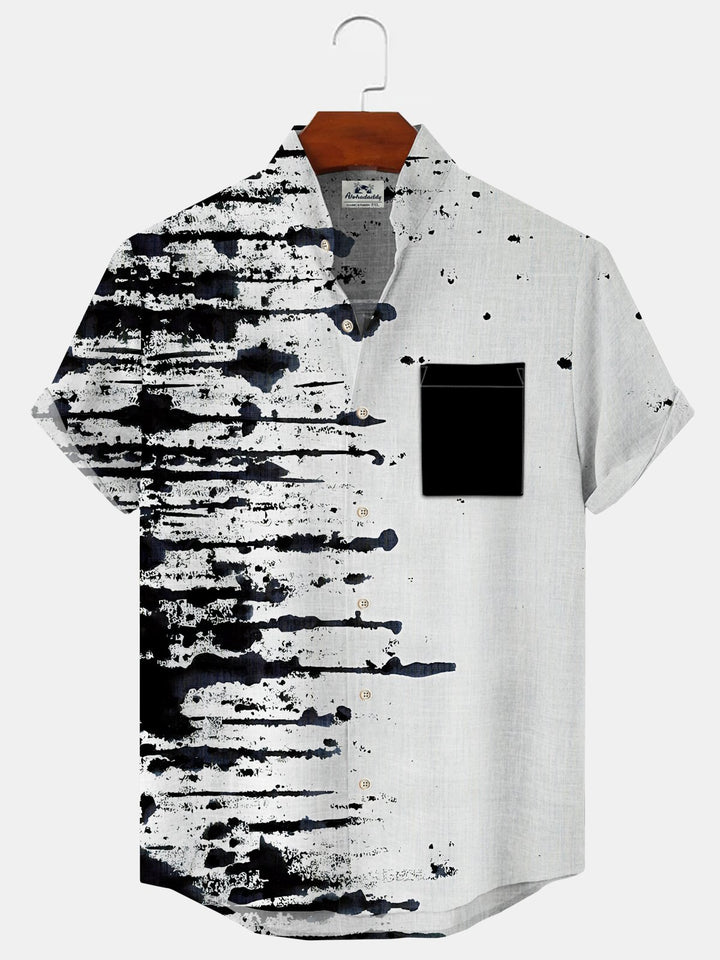 Alohadaddy Geometric Button Pocket Casual Short Sleeve Stand Collar Shirt
