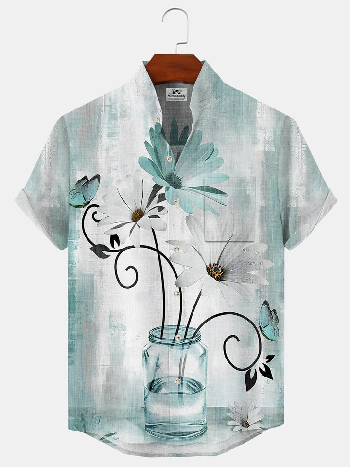 Alohadaddy Plant Flower Button Pocket Casual Short Sleeve Stand Collar Shirt