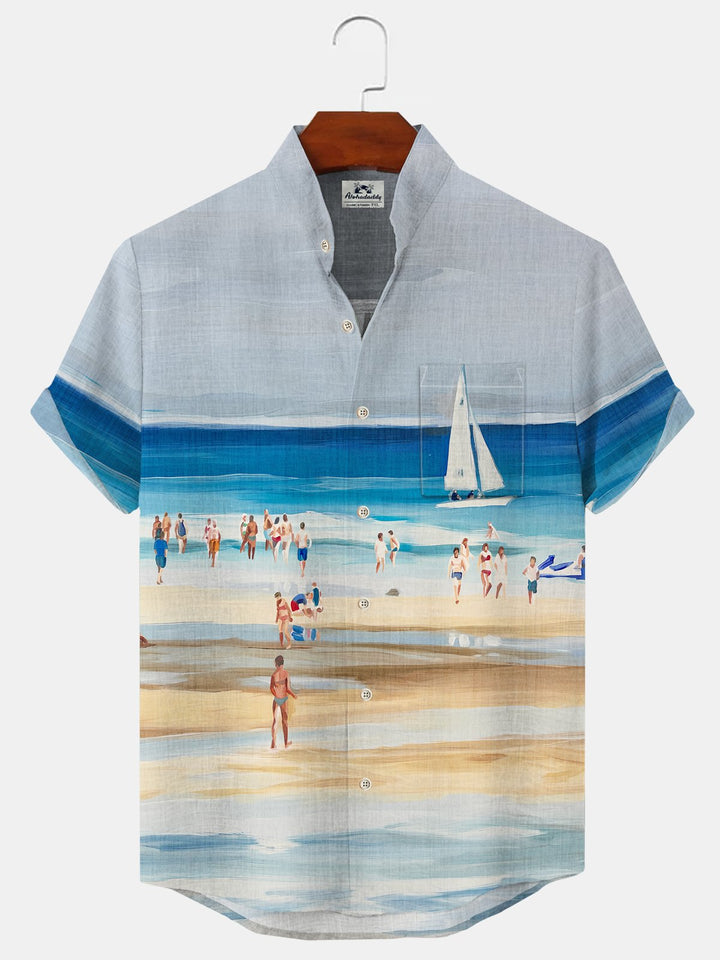 Alohadaddy Beach Vacation Button Pocket Casual Short Sleeve Stand Collar Shirt