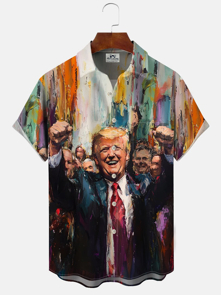 Alohadaddy Oil Painting Trump Button Pocket Casual Short Sleeve Shirt