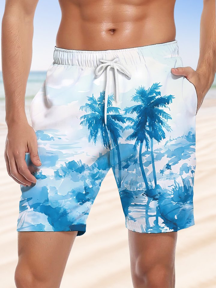 Alohadaddy Coconut Tree Drawstring Pocket Casual Beach Shorts