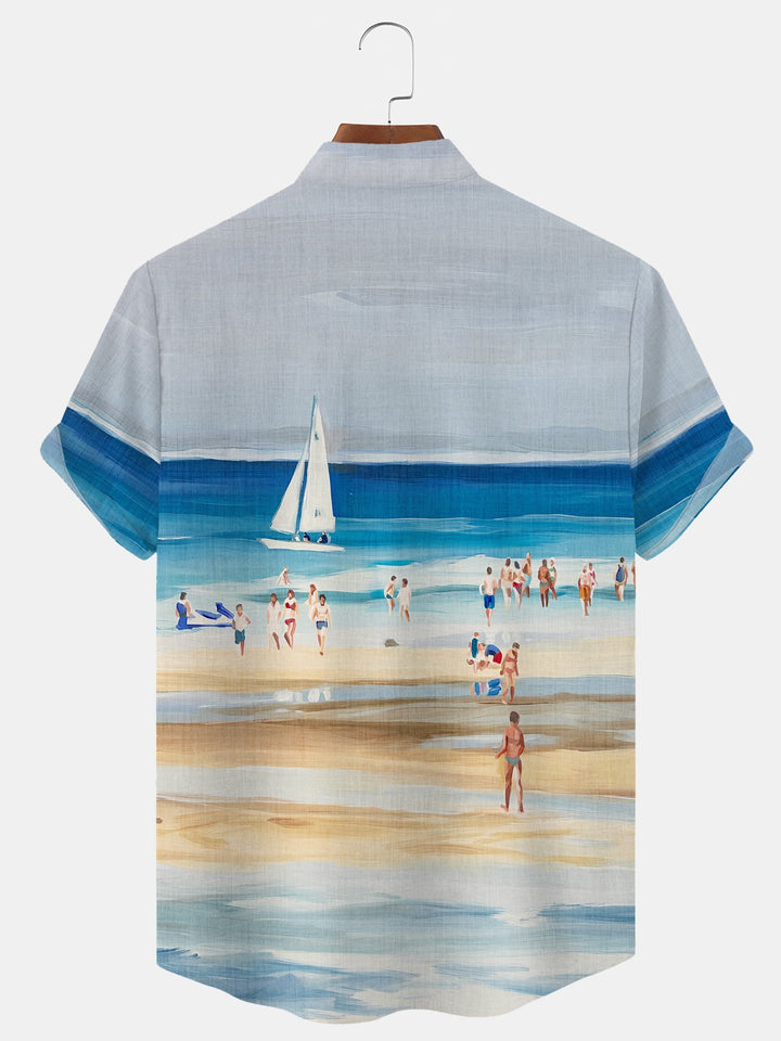 Alohadaddy Beach Vacation Button Pocket Casual Short Sleeve Stand Collar Shirt