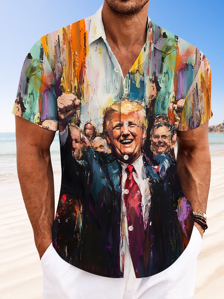 Alohadaddy Oil Painting Trump Button Pocket Casual Short Sleeve Shirt
