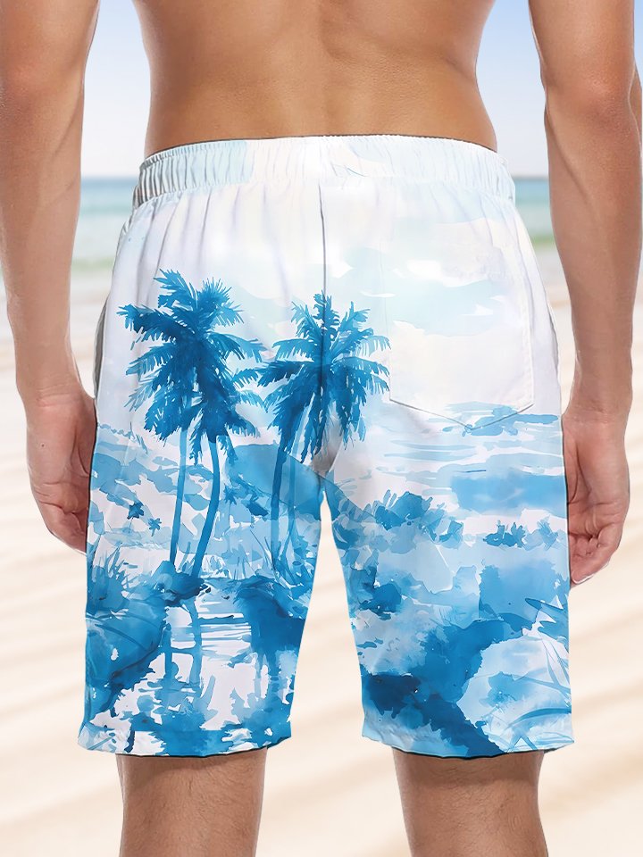 Alohadaddy Coconut Tree Drawstring Pocket Casual Beach Shorts