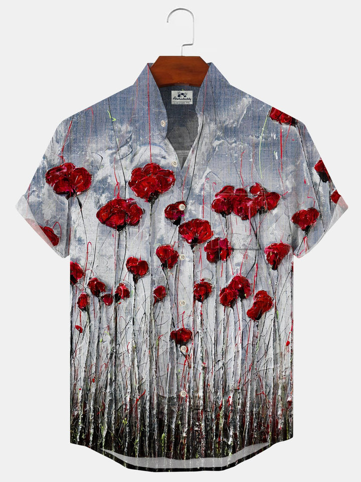 Alohadaddy Plant Flower Button Pocket Casual Short Sleeve Stand Collar Shirt