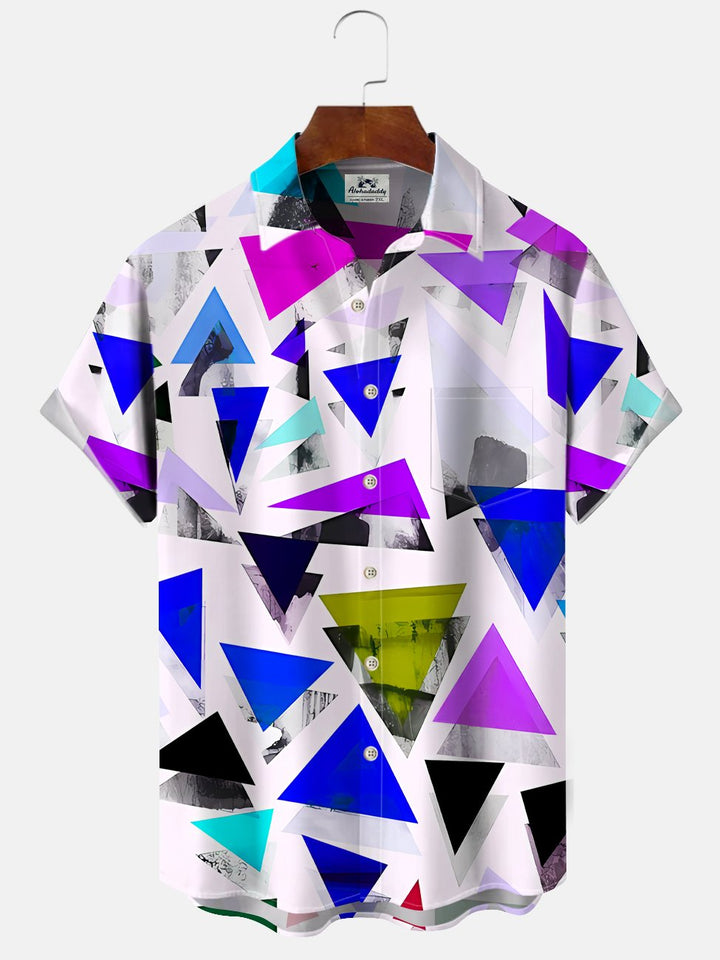 Alohadaddy Geometric Contrast Block Button Pocket Casual Short Sleeve Shirt