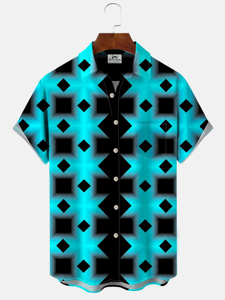 Alohadaddy Geometric Contrast Block Button Pocket Casual Short Sleeve Shirt