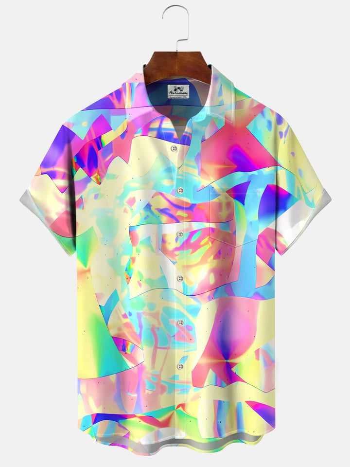 Alohadaddy Geometric Contrast Block Button Pocket Casual Short Sleeve Shirt