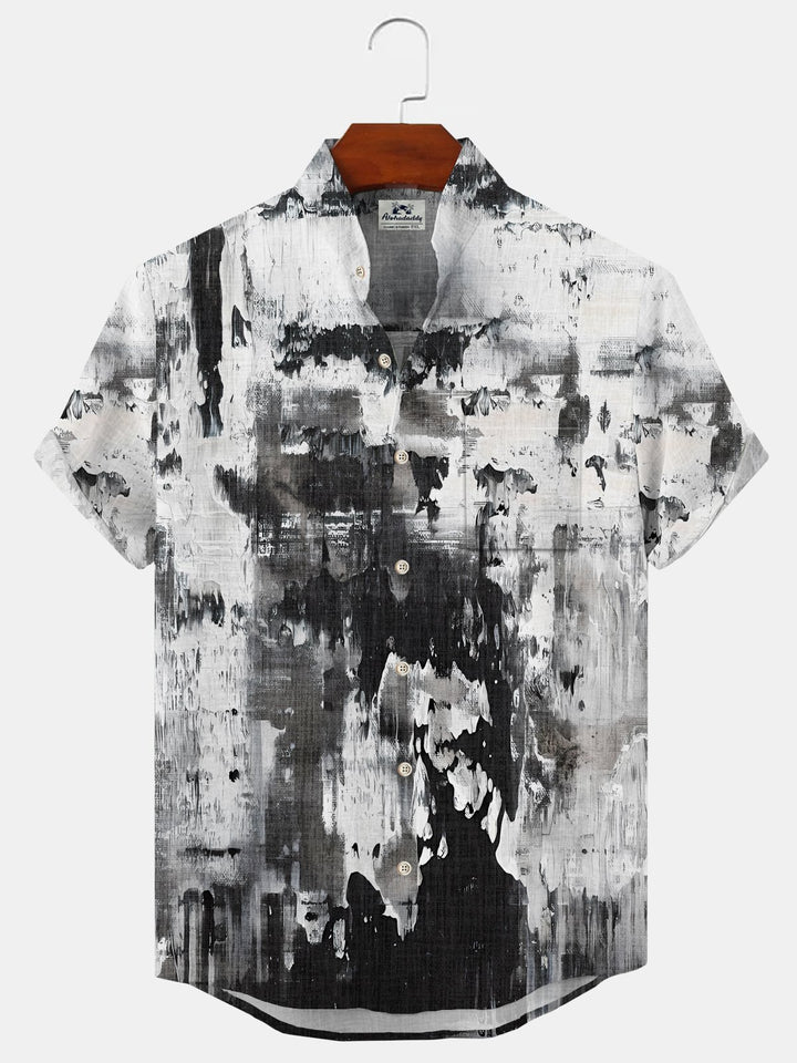 Alohadaddy Oil Painting Gradient Button Pocket Casual Short Sleeve Stand Collar Shirt