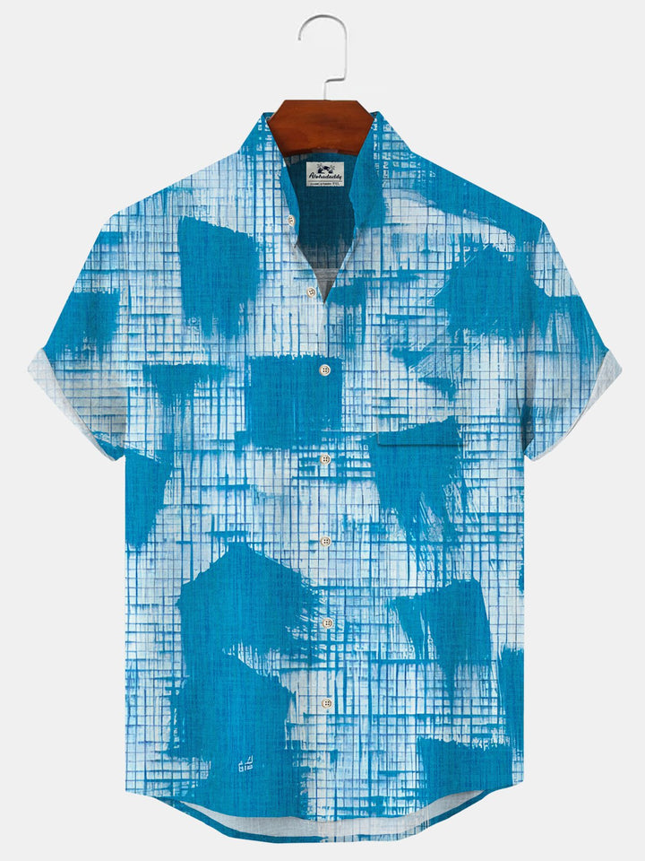 Alohadaddy Geometric Pattern Button Pocket Casual Short Sleeve Stand Collar Shirt