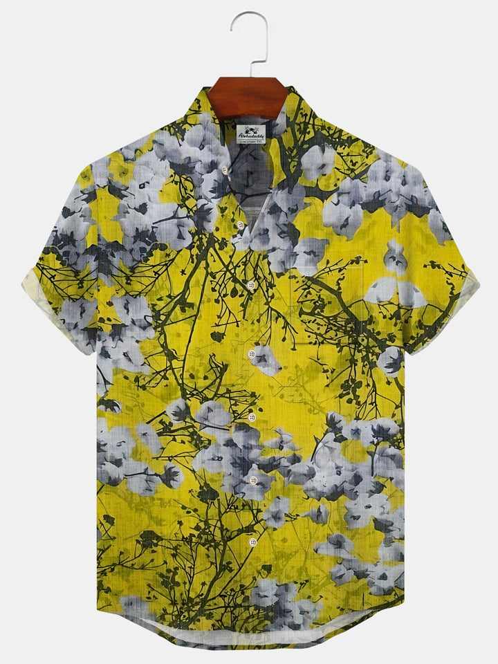 Alohadaddy Plant Flower Button Pocket Casual Short Sleeve Stand Collar Shirt