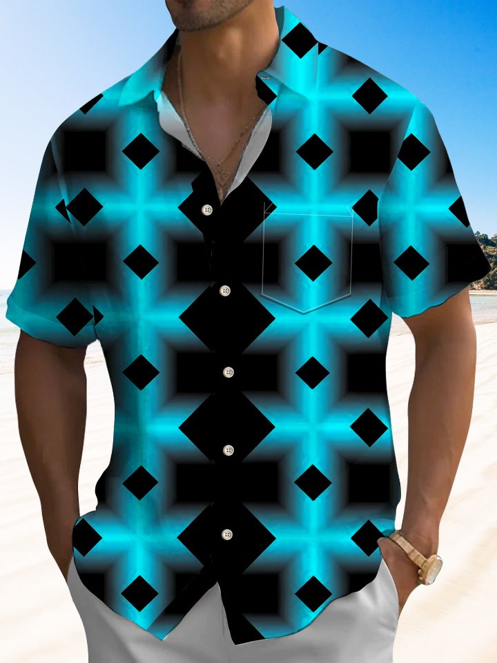 Alohadaddy Geometric Contrast Block Button Pocket Casual Short Sleeve Shirt