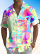 Alohadaddy Geometric Contrast Block Button Pocket Casual Short Sleeve Shirt