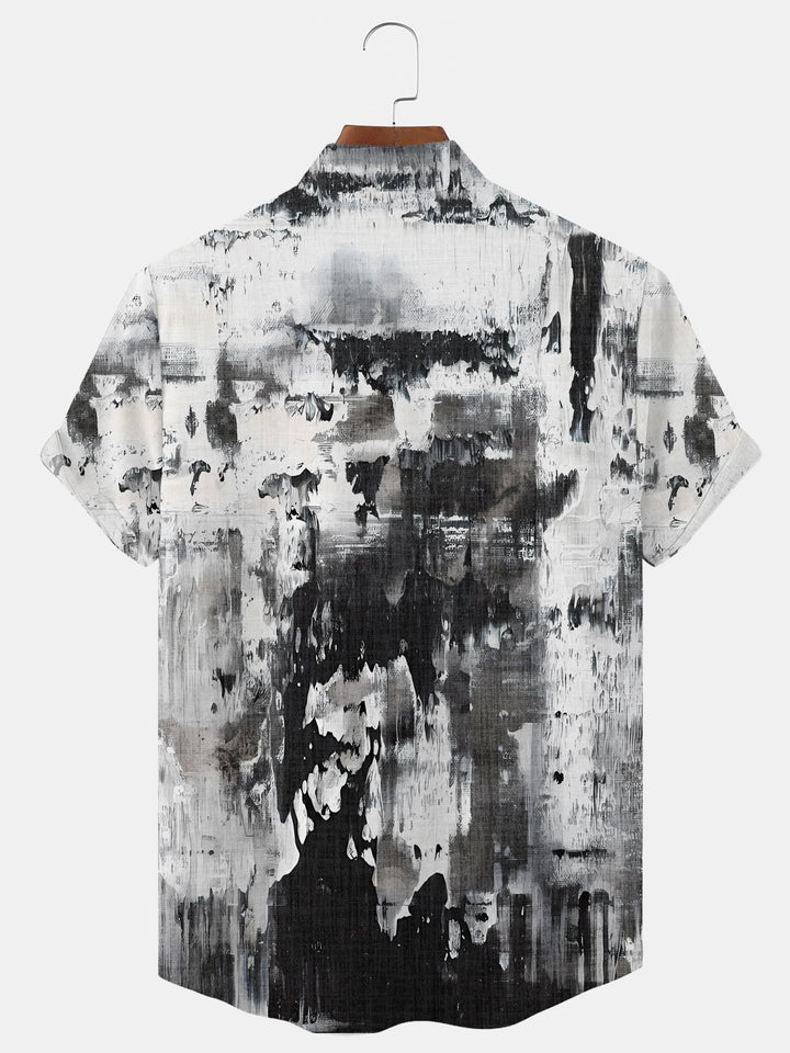 Alohadaddy Oil Painting Gradient Button Pocket Casual Short Sleeve Stand Collar Shirt
