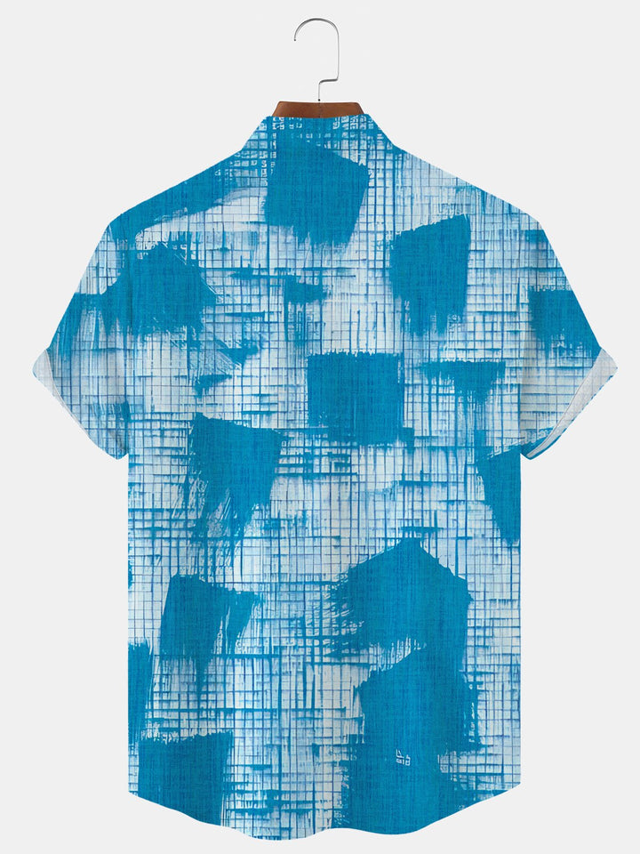 Alohadaddy Geometric Pattern Button Pocket Casual Short Sleeve Stand Collar Shirt
