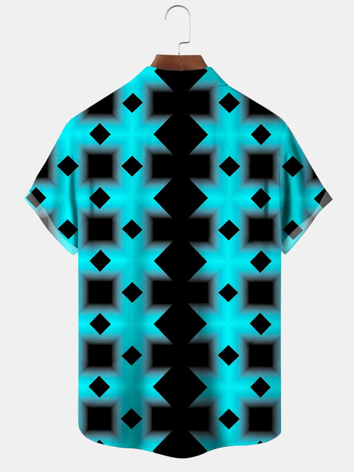 Alohadaddy Geometric Contrast Block Button Pocket Casual Short Sleeve Shirt