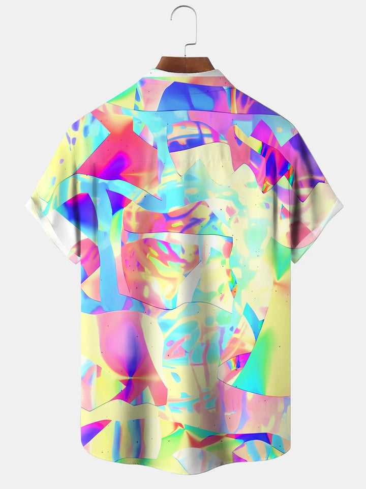 Alohadaddy Geometric Contrast Block Button Pocket Casual Short Sleeve Shirt
