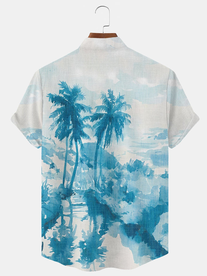Alohadaddy Coconut Tree Beach Button Pocket Casual Short Sleeve Stand Collar Shirt