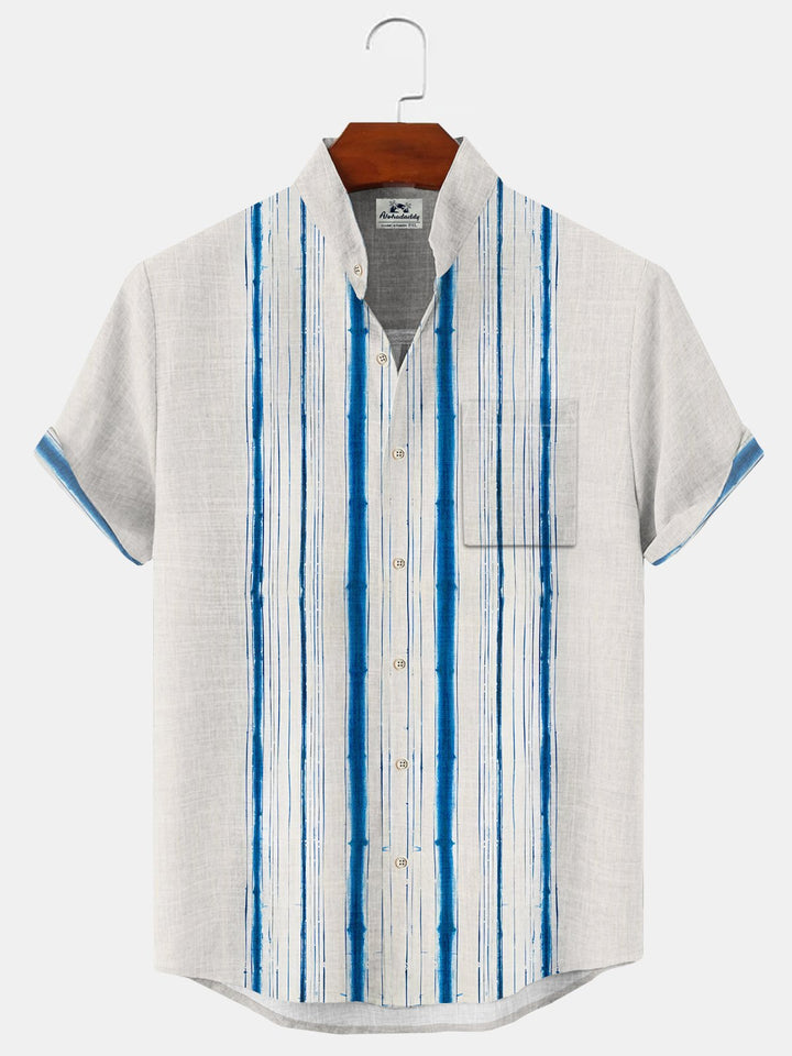 Alohadaddy Geometric Button Pocket Casual Short Sleeve Stand Collar Shirt