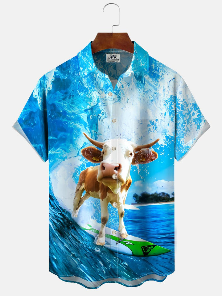 Alohadaddy Wave Animal Cow Button Pocket Casual Short Sleeve Shirt