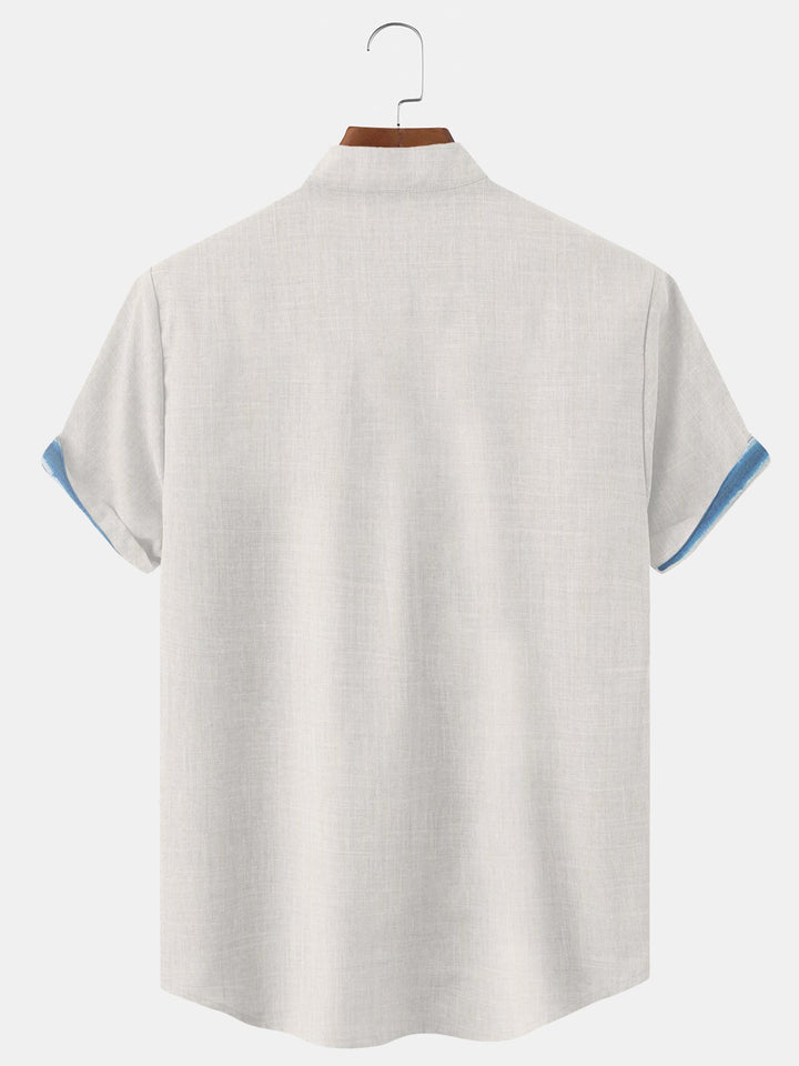 Alohadaddy Geometric Button Pocket Casual Short Sleeve Stand Collar Shirt