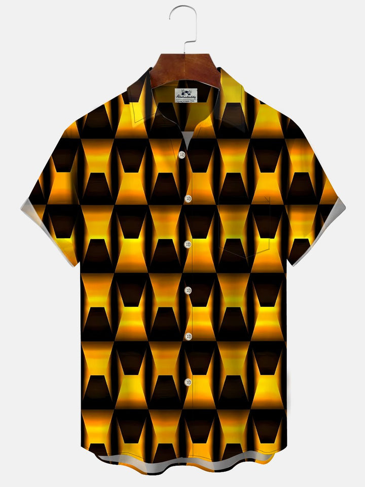 Alohadaddy Geometric Gradient Button Pocket Casual Short Sleeve Shirt
