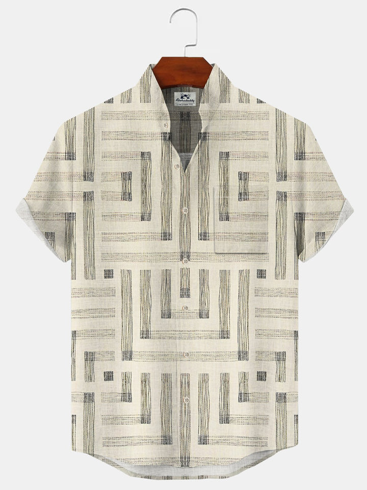 Alohadaddy Ethnic Pattern Geometric Buttons Pockets Casual Short Sleeves Stand Collar Shirt