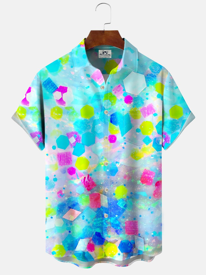 Alohadaddy Gradient Geometric Button Pocket Casual Short Sleeve Shirt