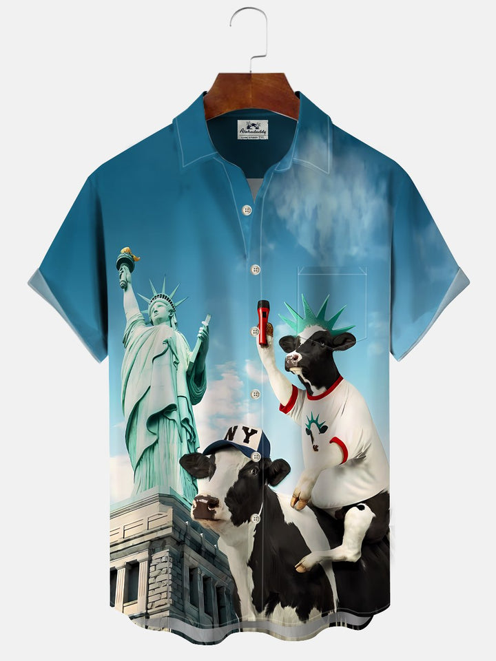 Alohadaddy Gradient Animal Statue of Liberty Button Pocket Casual Short Sleeve Shirt