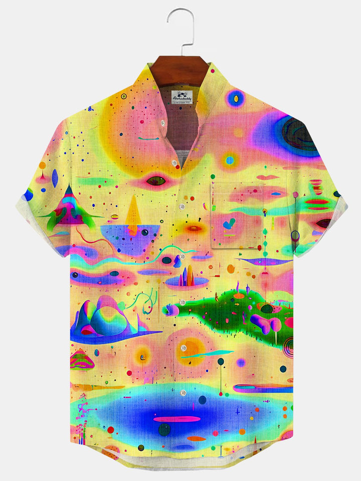 Alohadaddy Geometric Art Gradient Button Pocket Casual Short Sleeve Stand Collar Shirt