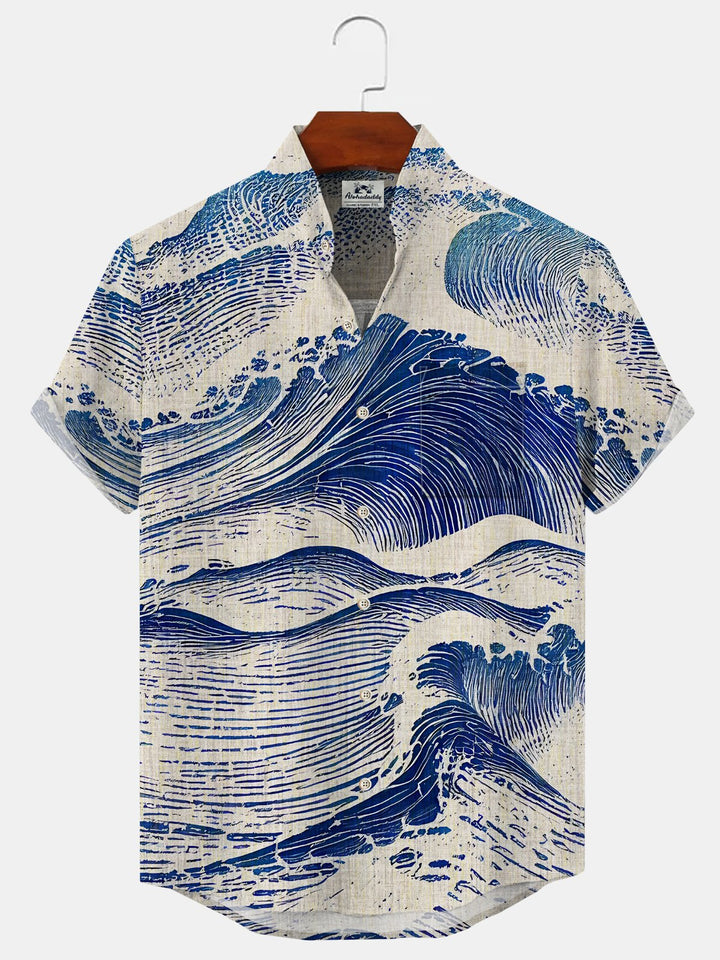 Alohadaddy Wave Button Pocket Casual Short Sleeve Stand Collar Shirt