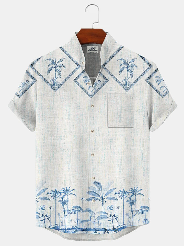 Alohadaddy Plants Geometric Pattern Buttons Pockets Casual Short Sleeves Stand Collar Shirt