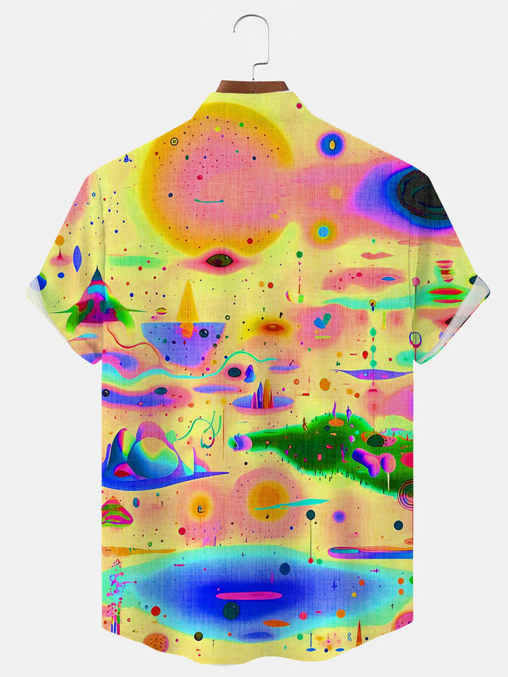 Alohadaddy Geometric Art Gradient Button Pocket Casual Short Sleeve Stand Collar Shirt