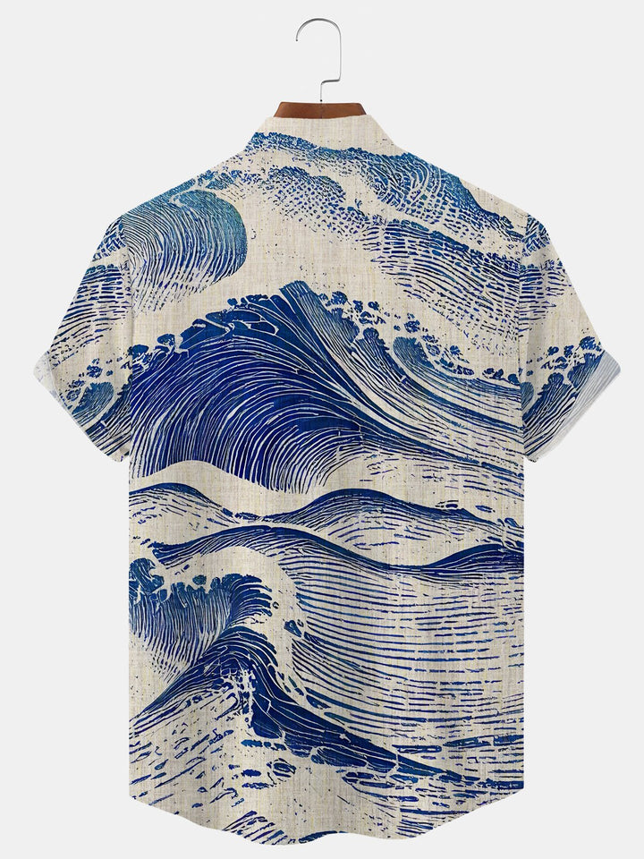 Alohadaddy Wave Button Pocket Casual Short Sleeve Stand Collar Shirt